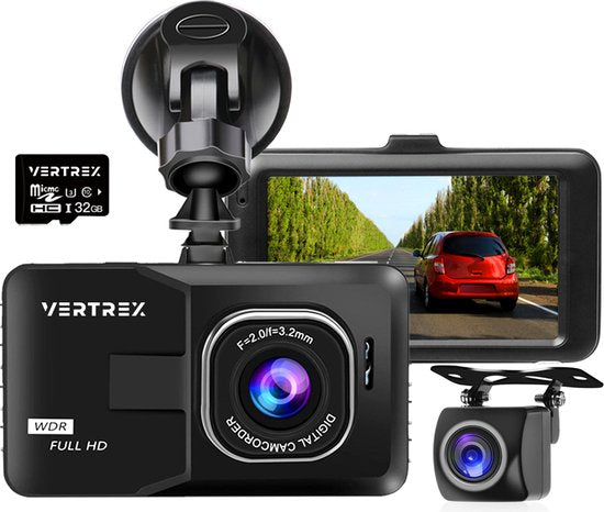 VERTREX Dashcam für Auto 1080P Full HD - Front und Heck - Dashcams - Nachtsicht - G-Sensor - 170° Weitwinkelobjektiv - 3.0" LCD - Bewegungserkennung - Schleifenaufzeichnung - Inkl. 32GB MicroSD Karte