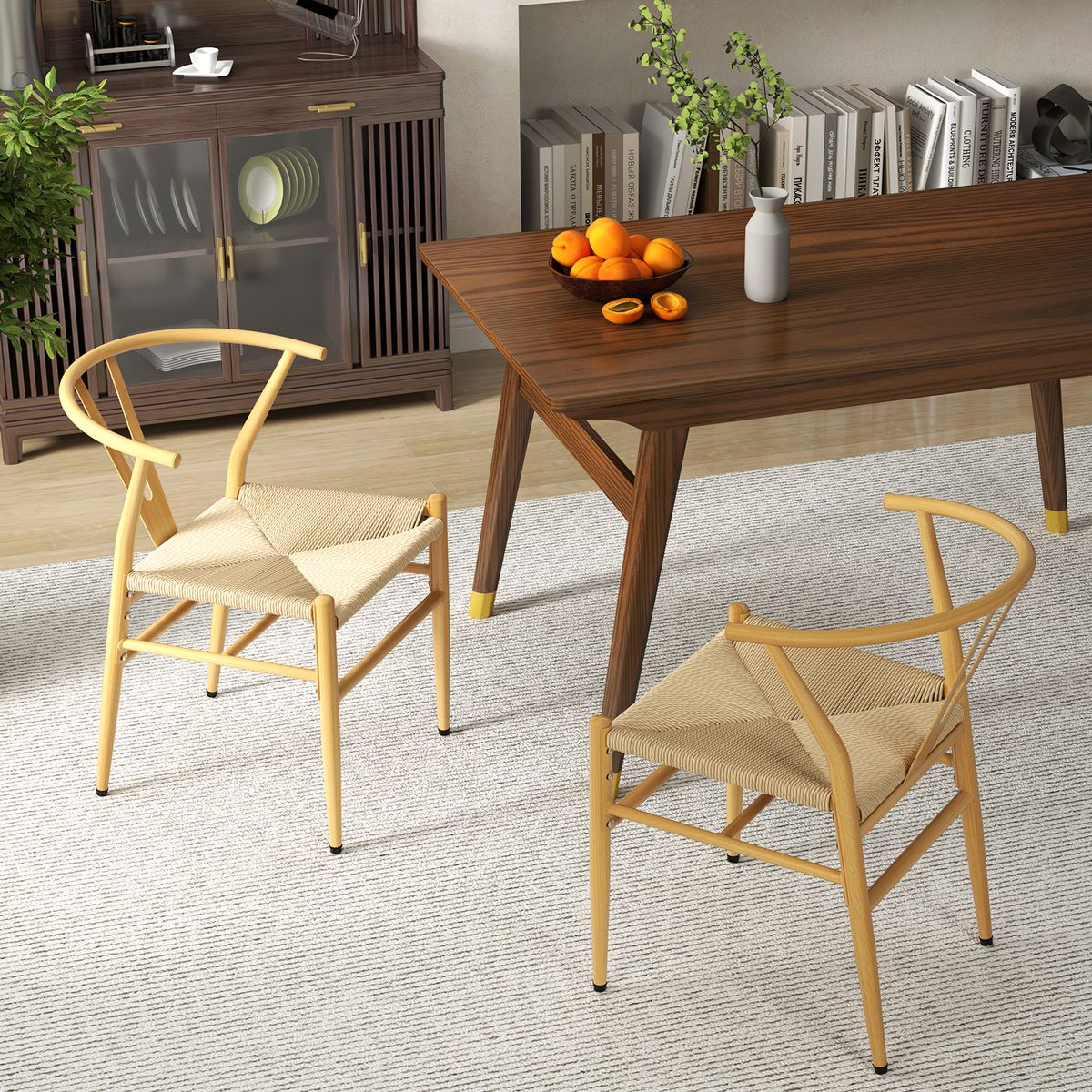 Coast Esszimmerstühle, 2er-Set – Y-förmige Rückenlehne – Sitzfläche aus geflochtenem Rattan – Naturfarben