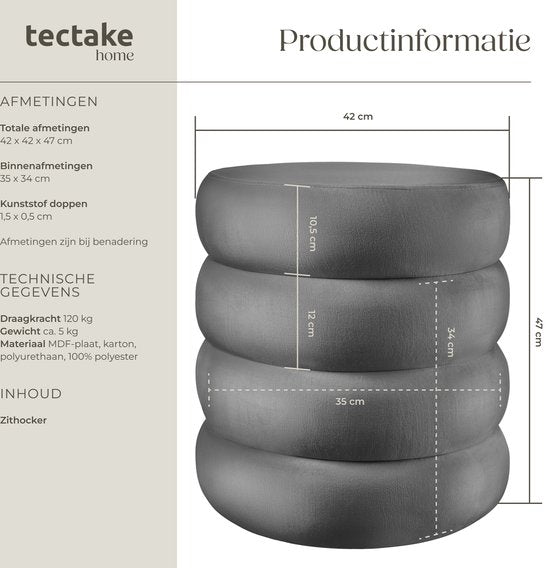tectake® Hocker mit Ablage - Scandi Hocker Samtstoff - Runder gepolsterter Hocker für Frisiertisch, Schlafzimmer, Wohnzimmer oder als Flurmöbel - Ablagehocker - grau