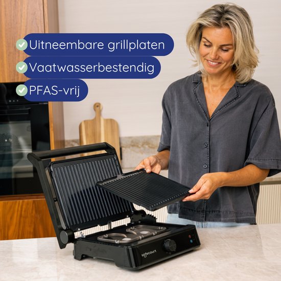 Safecourt Kitchen Toasted Sandwich Maker - Panini Grill und Toasted Sandwich Eisen - Abnehmbare PFAS-freie Platten & spülmaschinenfest - Große Grillfläche - Schnelle Hitze - Kontaktgrill - Schwarz