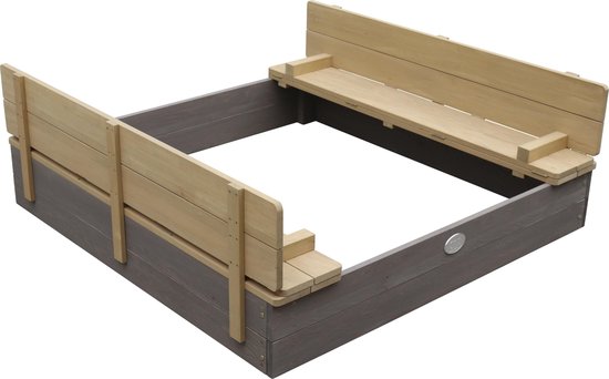 AXI Ella XL Holzsandkasten in Grau/Braun – mit Sitzbänken und Abdeckung – FSC-Holz – 120 x 120 x 20 cm – Sandkasten für Kinder