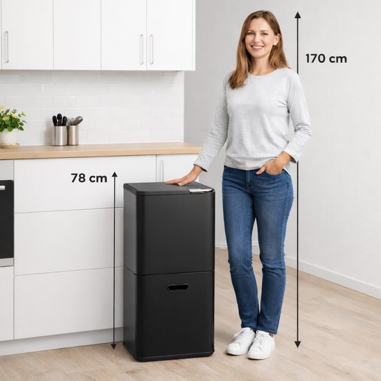 Bayt Mülleimer 60 Liter - Mülleimer 60 Liter - Mülltrennung - 2 Fächer - Edelstahl - Schwarz