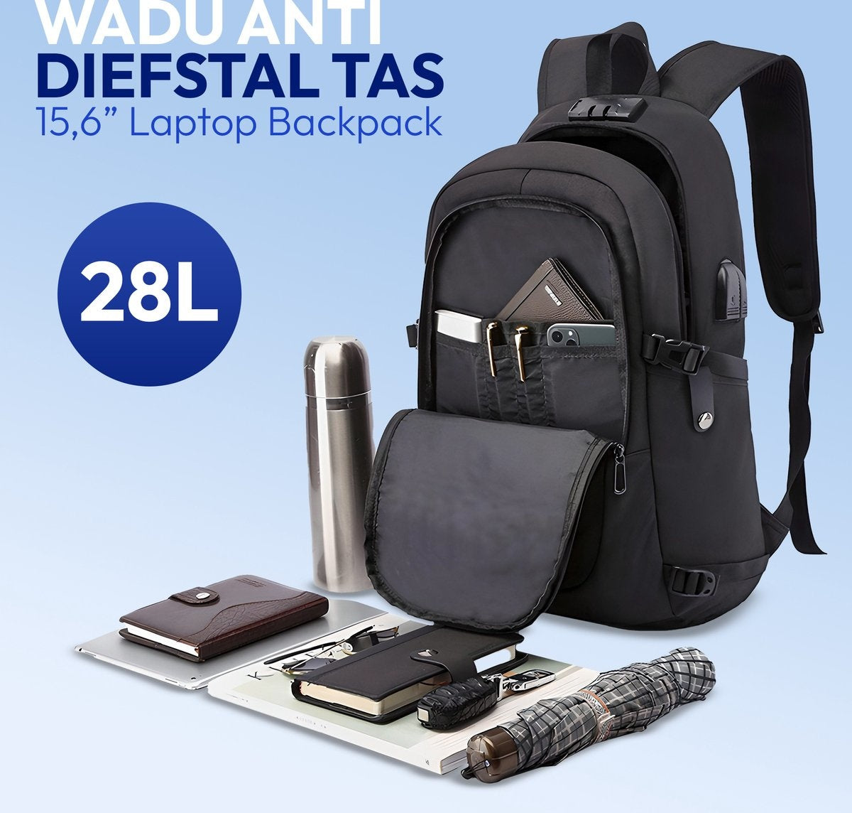 Anti-Diebstahl-Rucksack - Wasserdicht - Inklusive USB-Ladestation - 14 bis 15,6 Zoll - Schwarz
