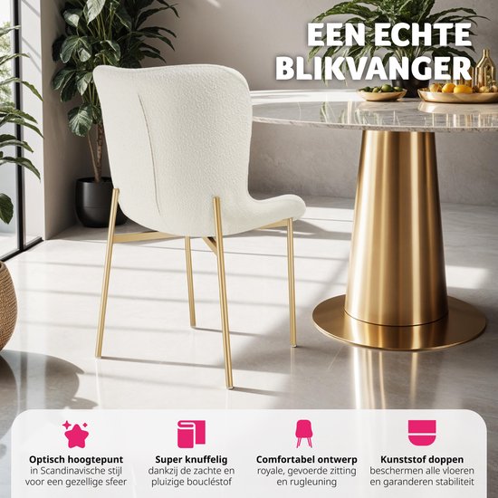 tectake - Polsterstuhl - Bouclé-Schalensitz für die Küche - Sessel für den Frisiertisch - Eleganter Ess- oder Wohnzimmersessel - weiß/gold - Div. Farben