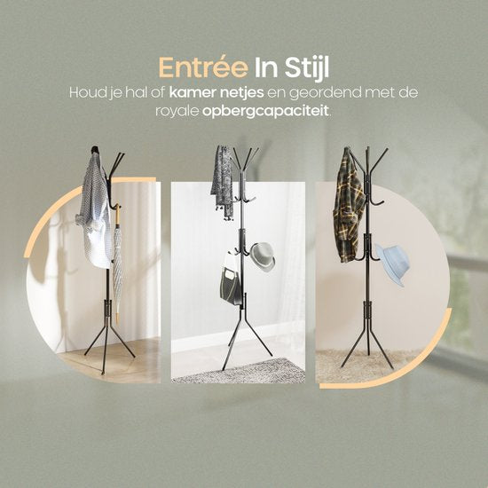 O'DADDY® Garderobenständer Upright - Aufbewahrungsständer - 12 Haken - Freistehender Garderobenständer - Upright Coat Rack - Garderobenständer - Metall - Schwarz