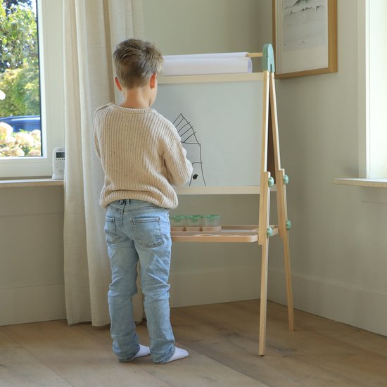 Sunny Luna Aktivitäts-Zeichentisch – Verstellbarer Kinder-Zeichentisch aus Holz – Spiel-Zeichentisch mit Whiteboard und Kreidetafel – Magnettafel – Inklusive Papierrolle, Bechern und Zubehör – Lernspielzeug