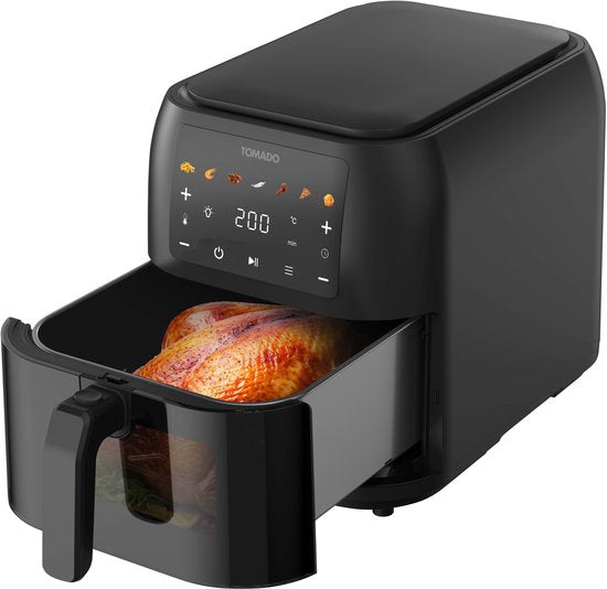 Tomado TAF8002B – Große Heißluftfritteuse – XXL-Heißluftfritteuse – 8 Liter – Heißluftfritteuse – Sichtfenster – Touch-Bedienung – 7 Automatikprogramme – Schwarz