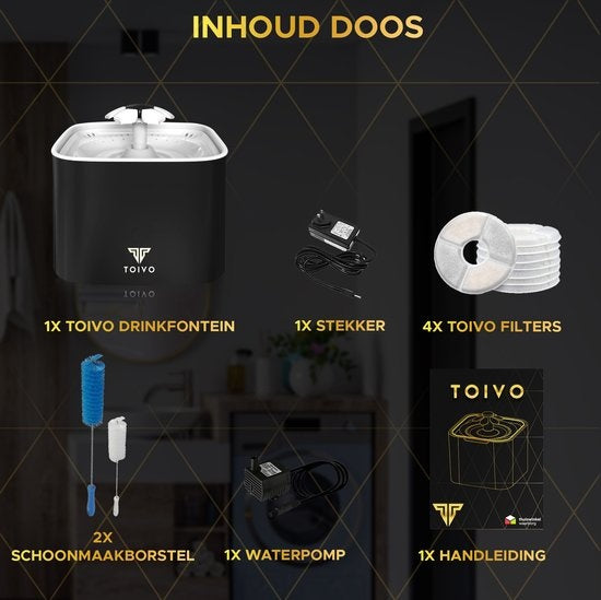 Toivo Trinkbrunnen Katze - Hund/Katze - 2,5 Liter- Inkl. 4 Filter und Reinigungswerkzeug - Wasserbrunnen Katze - Flüsterleise