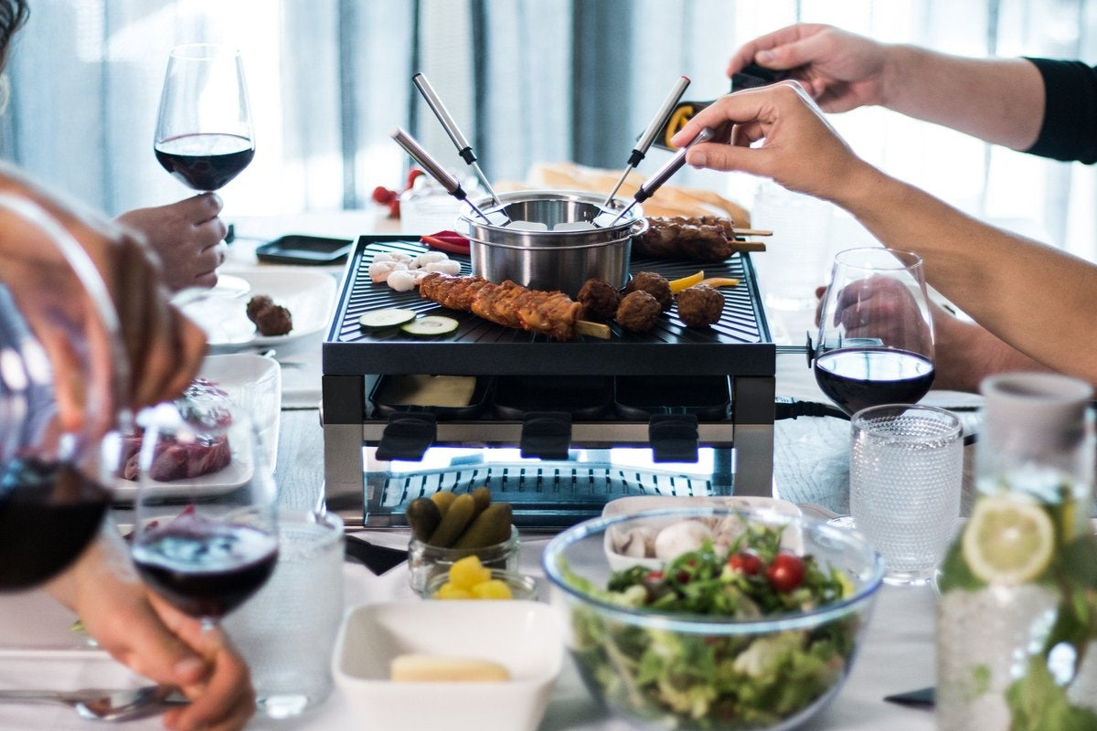 Solis - Combi Grill 3 in Set - 8 Personen - Raclette und Fondue Set - Silber/Schwarz