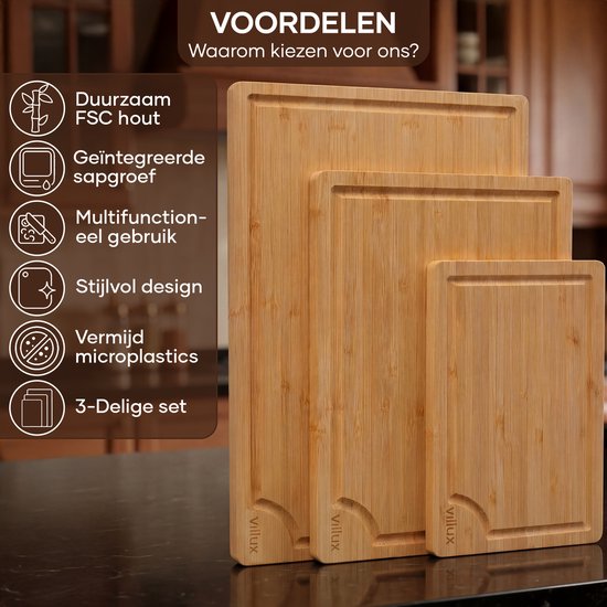Villux Schneidebrett – Schneidebrett-Set – Schneidebrett aus Holz – Schneidebretter – Schneidebrett aus Bambus – Holzschneidebrett – Tapas-Brett – Snack-Brett – Servierbrett – Häppchenbrett – Inklusive E-Book - 3 Stück - Bambus