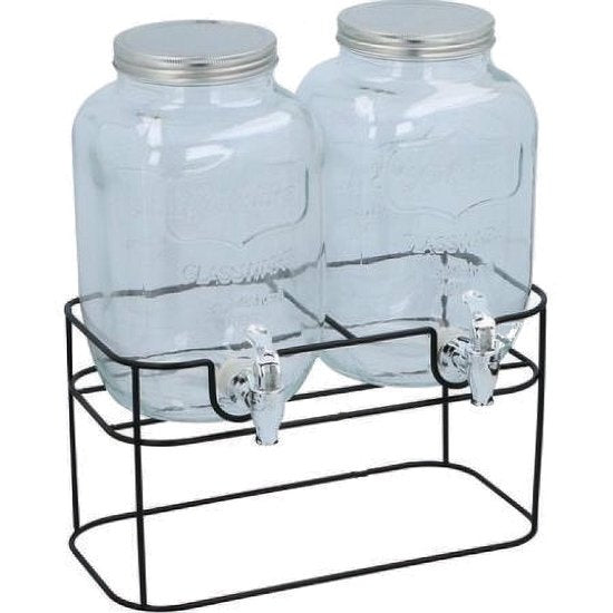 Doppel-Getränkespender - 2x 4 Liter - inkl. Ständer 33x17x32cm - Glas - Schwarz/Transparent
