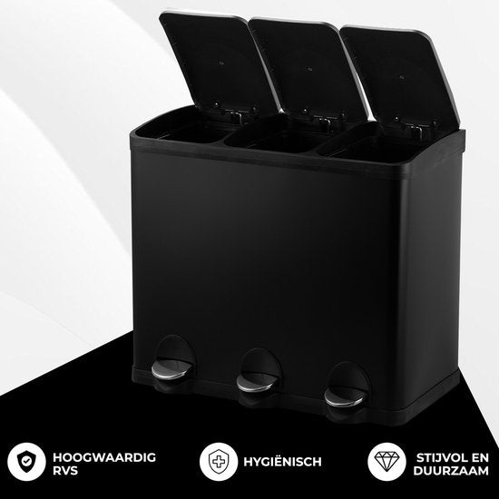 Bayt Mülleimer - Mülleimer 60 Liter - Mülleimer 60 Liter - Treteimer 60 Liter - Mülleimer 3 Fächer - Mülleimer Abfalltrennung - 3x 20 Liter - Edelstahl - Schwarz