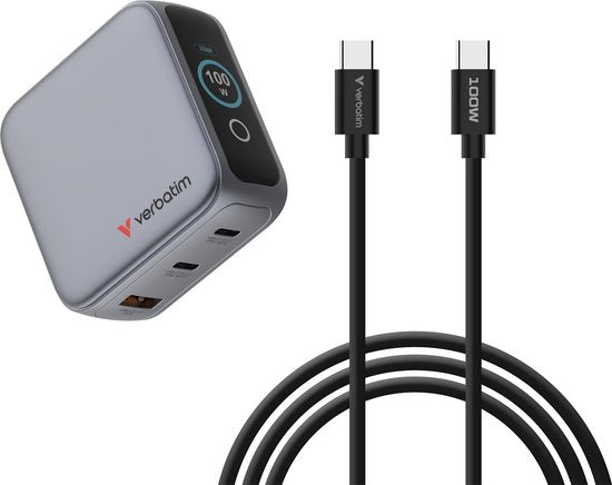 Verbatim Mini-Gan-Ladegerät 100 W, 2 × USB-C, 1 × USB-A, QC, für Apple MacBook und iPhone