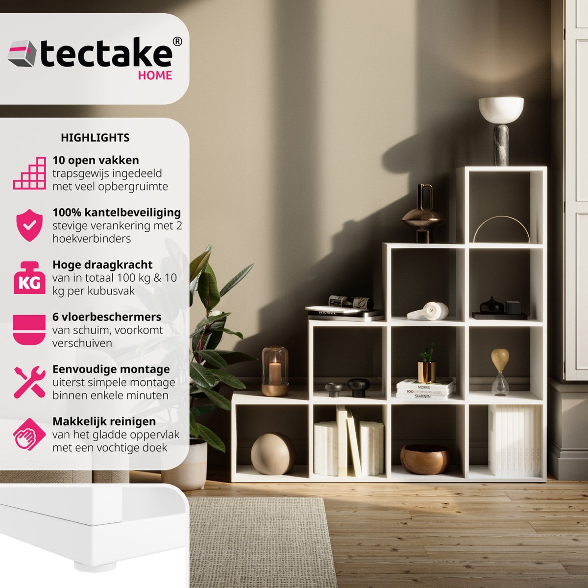 tectake Bücherregal Talisa - Offenes Bücherregal mit 10 Fächern - Treppendesign - 130 x 29 x 130 cm - Weiß