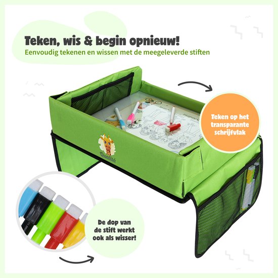 Qualita® Reisetisch für Kinder Grün - Tablet-Halter Auto - Autotisch - Spieltisch Auto - Auto-Organisator Kinder - Zeichentisch Auto - Klappbarer Reisetisch - faltbarer Reisetisch -