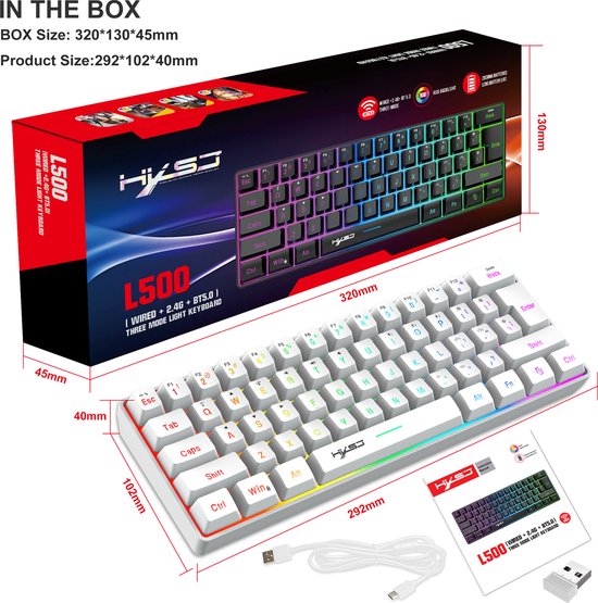 HXSJ L500 – Kabellose Gaming-Tastatur – RGB – Tri-Mode – QWERTY-Tastaturen – Weiß
