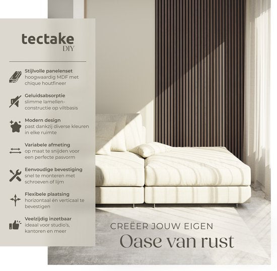 tectake® Akustikplatten – 4er-Set – Akustik-Wandplatte – 50 x 110 cm - 2,2 m² - Wandpaneele mit anpassbarer Größe - Lattenwand aus MDF und Holzfurnier - Schalldämmung - Stilvolle Wanddekoration - Einfache Montage - Eiche-Grau