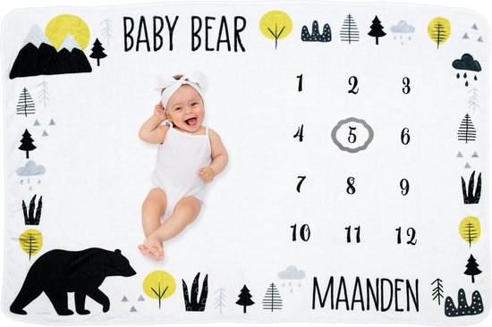 Frummel Milestone Blanket 'Bear' - Milestone Blanket - Milestone Baby - Baby Geschenk Junge - Baby Geschenk Mädchen - Baby Shower Geschenk - Baby Geschenk - Milestone Blanket in Dutch - Muttertagsgeschenk - 100 x 150 cm