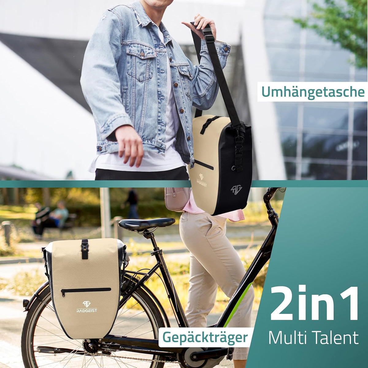 RADGEIST Fahrradtasche für Fahrradträger Set - 2X Tasche für Fahrradträger - Gepäcktasche wasserdicht & Umhängetasche - Fahrradtasche mit Reflektoren