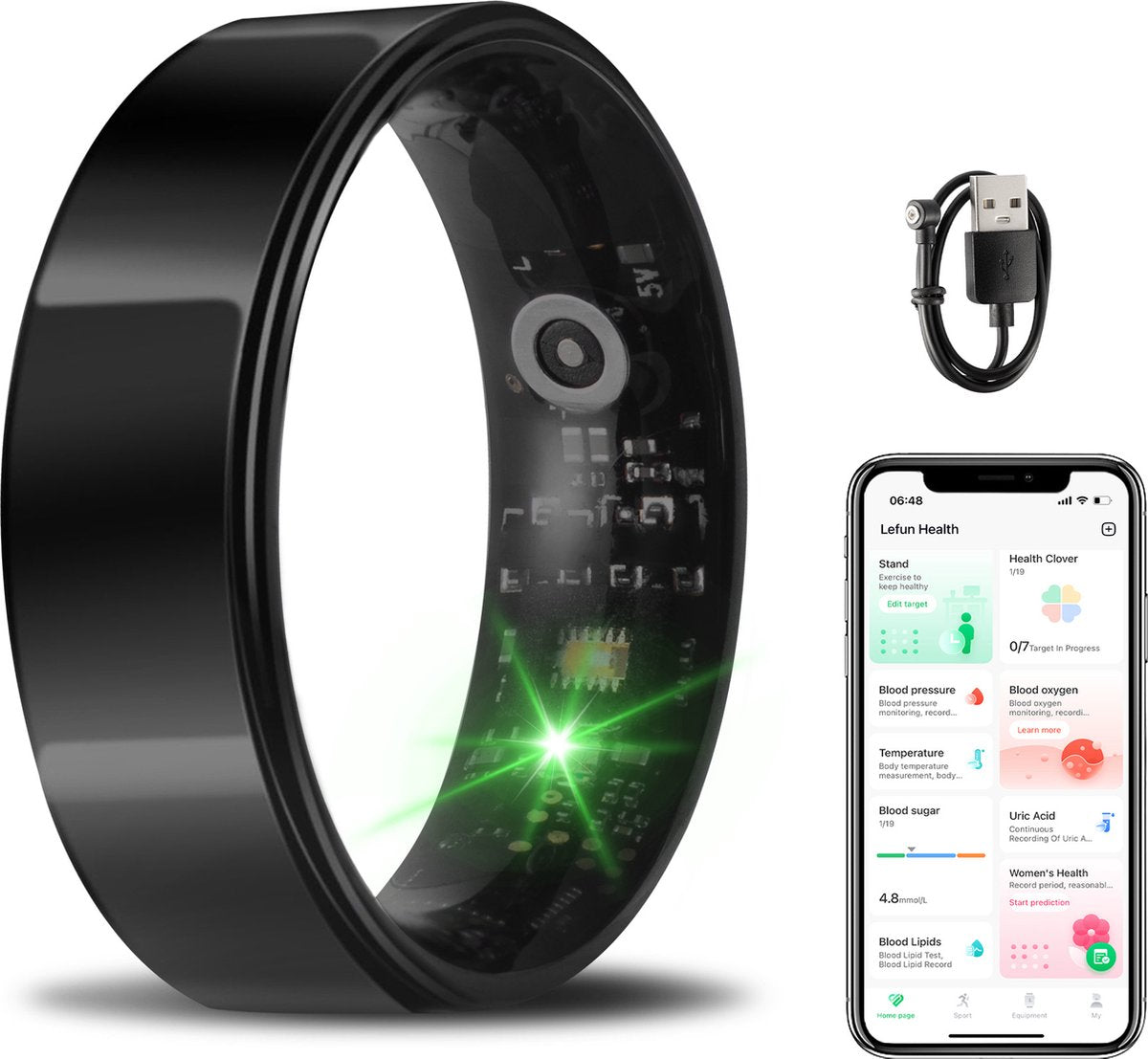 Saaf Smart Ring - Schwarz - Größe 8 - Schlanker Activity Tracker für Frauen und Männer