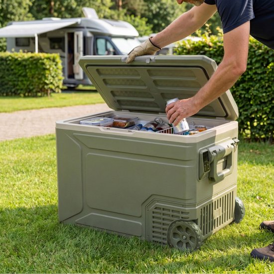 Auronic Elektrische Kühlbox – Kompressor – 80 l – 12 V und 240 Volt – Camping-Kühlschrank – Frigobox für das Auto – mit Rädern und Griff – grün