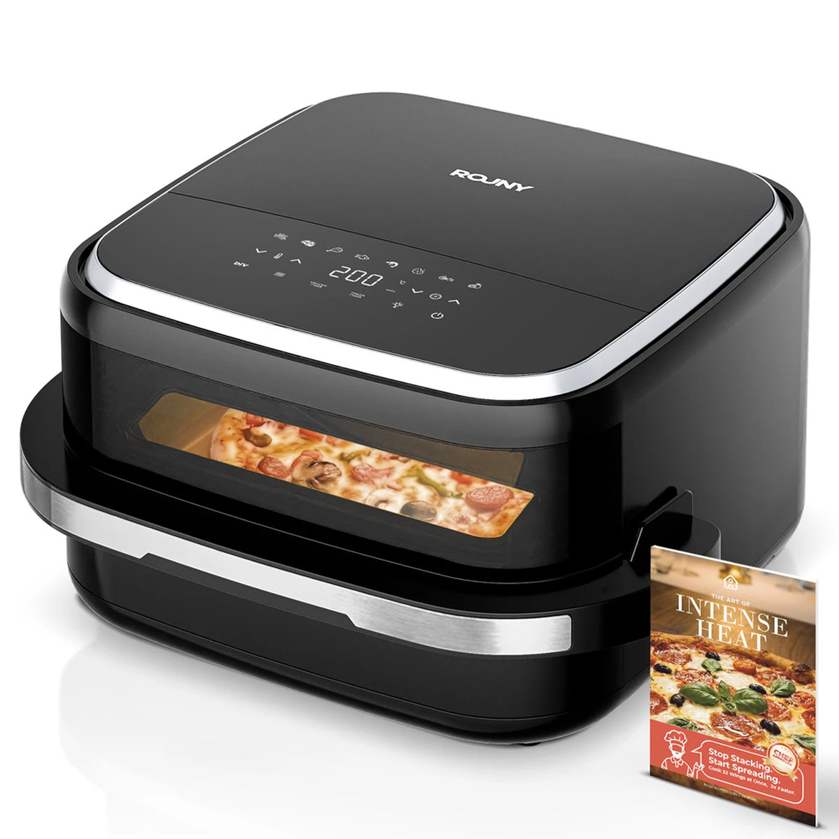 Rouny 12-Zoll-Pizzaofen und Heißluftfritteuse 2200 W – 11-in-1 – Doppelheizung – 360° Heißluft – 4,3 l – Schwarz