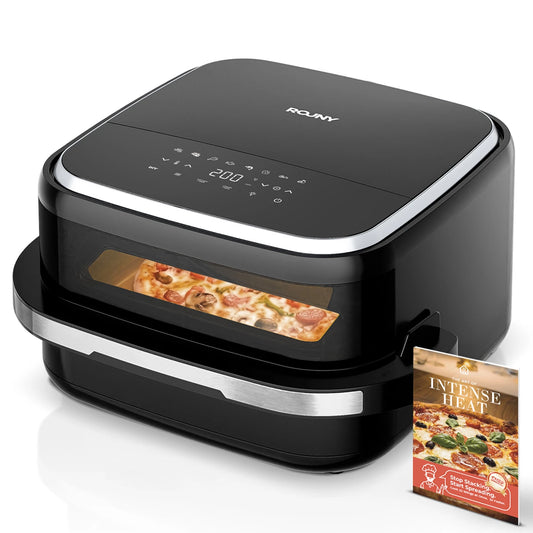 Rouny 12-Zoll-Pizzaofen und Heißluftfritteuse 2200 W – 11-in-1 – Doppelheizung – 360° Heißluft – 4,3 l – Schwarz