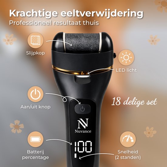 Nuvance Hornhautentferner – Elektrisches Pediküre-Set – 18-teilig – Elektrischer Hornhautentferner – Fußfeile – Professionell – Schwarz