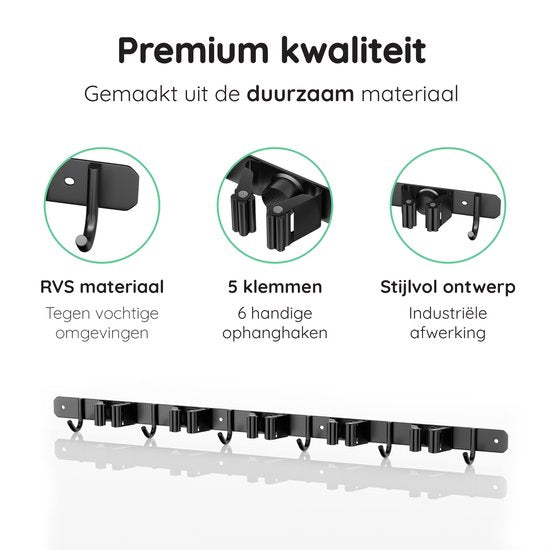 Volcan Besenhalter - Besen Aufhängesystem Gartengeräte - Werkzeughalter - 3M Band - 5 Halter 6 Haken - Edelstahl Schwarz