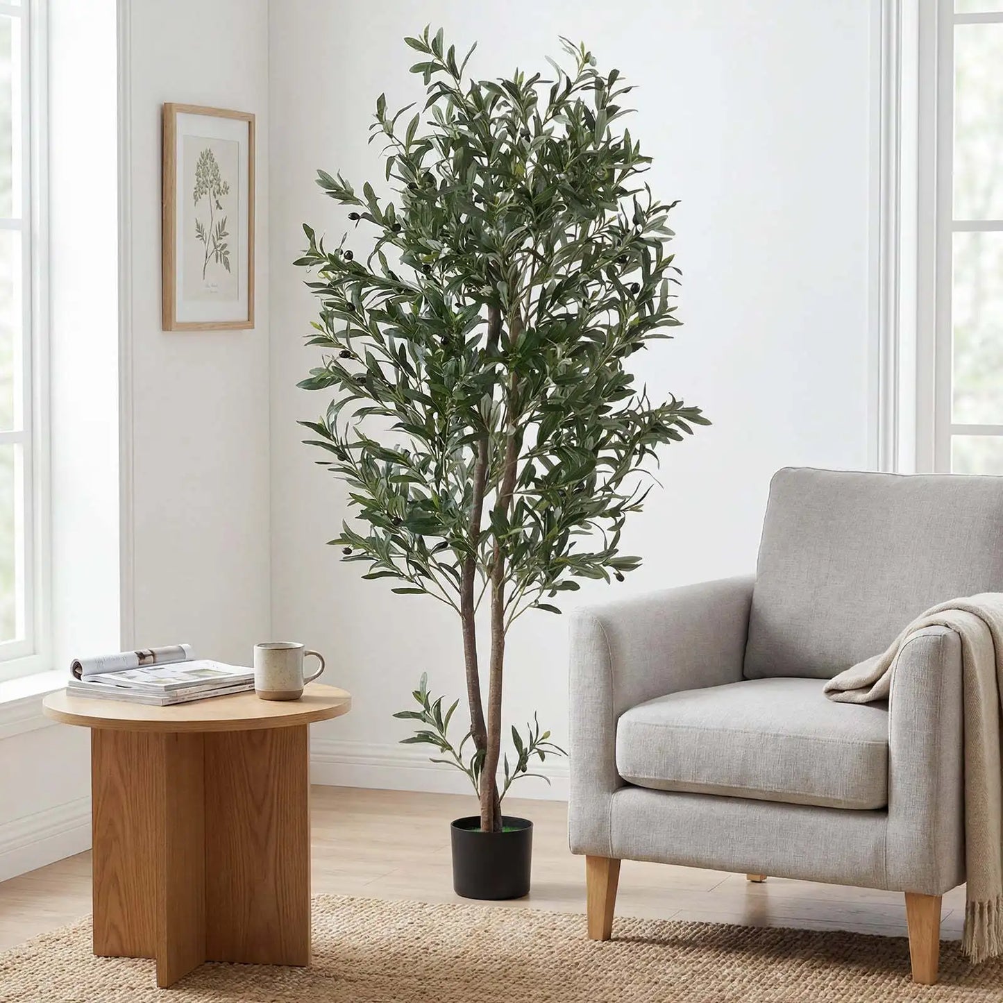 Coast Künstlicher Olivenbaum – Mit zementverstärktem Topf, biegsamen Zweigen und realistischen Oliven – Für Wohnzimmer und Büro – Grünes und schwarzes Polyester – 180 cm hoch