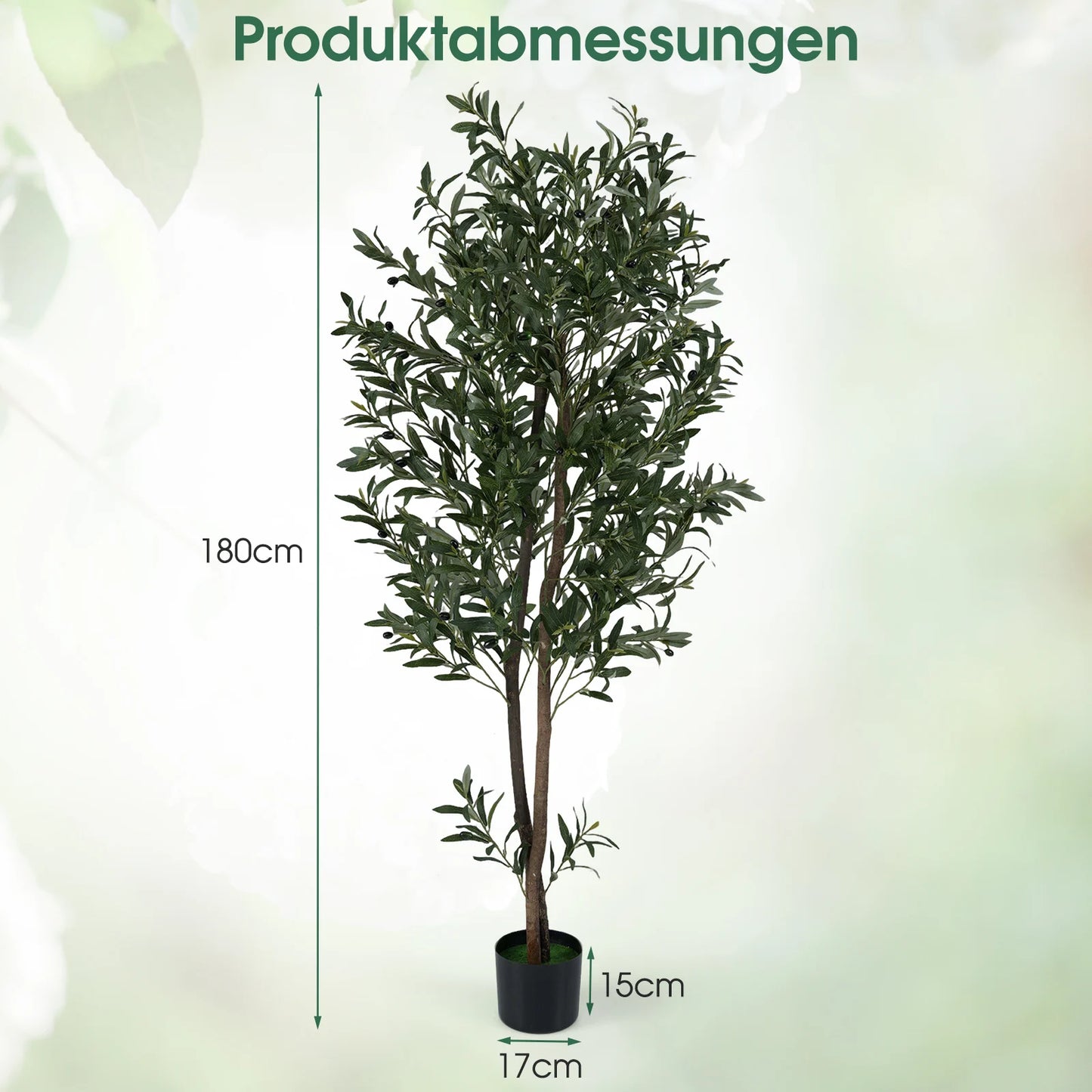 Coast Künstlicher Olivenbaum – Mit zementverstärktem Topf, biegsamen Zweigen und realistischen Oliven – Für Wohnzimmer und Büro – Grünes und schwarzes Polyester – 180 cm hoch