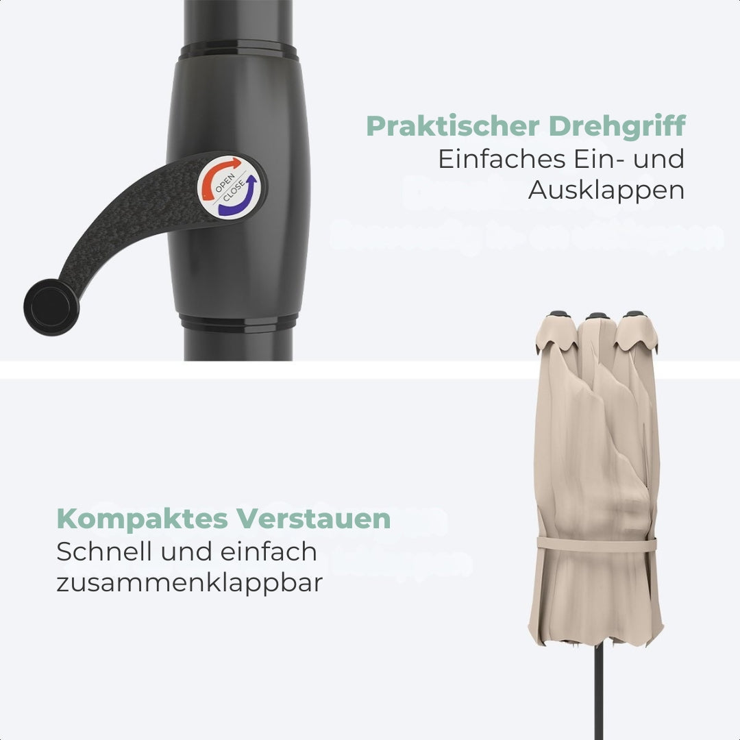 LifeGoods Doppelter Sonnenschirm - 270x460cm - Bis zu 15 Personen - Wasserdicht - Mit Bezug - Taupe