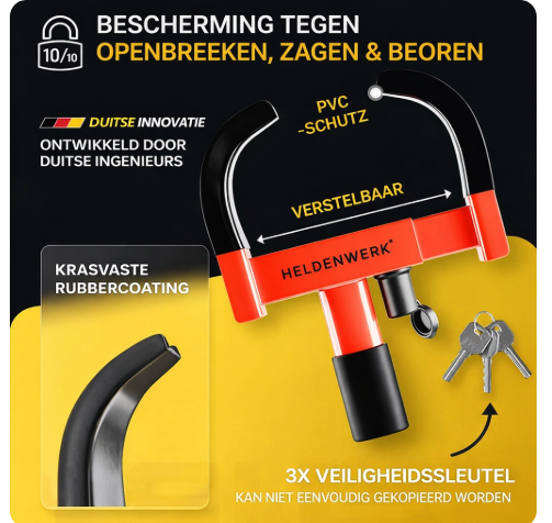 HELDENWERK - Parkkralle & Radklemme - Für 18-30 cm Reifenbreite - Schwarz & Rot legierter Stahl - Mit Hochsicherheitsschloss & 3 Schlüsseln - Diebstahlschutz - Maximale Sicherheit