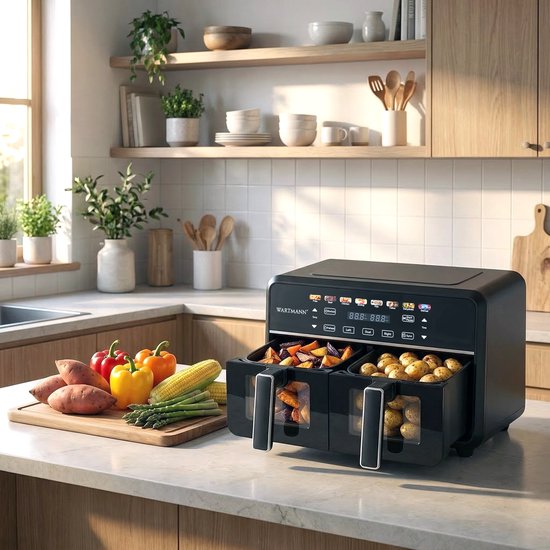 Doppel-Heißluftfritteuse XXL 11 l - PFAS-freie Heißluftfritteuse – Infrarot – Dual Zone – 2 x 5,5 l – 40–200 °C – 8 Kochprogramme – 2850 W – WM-2511 AF – Schwarz