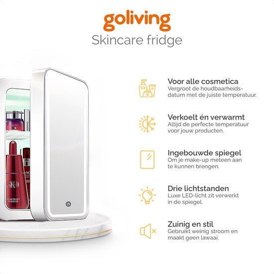 Goliving Skincare Fridge - Make-up Kühlschrank - Beauty Kühlschrank - Minikühlschrank mit Spiegel und Beleuchtung - Minikühlschrank