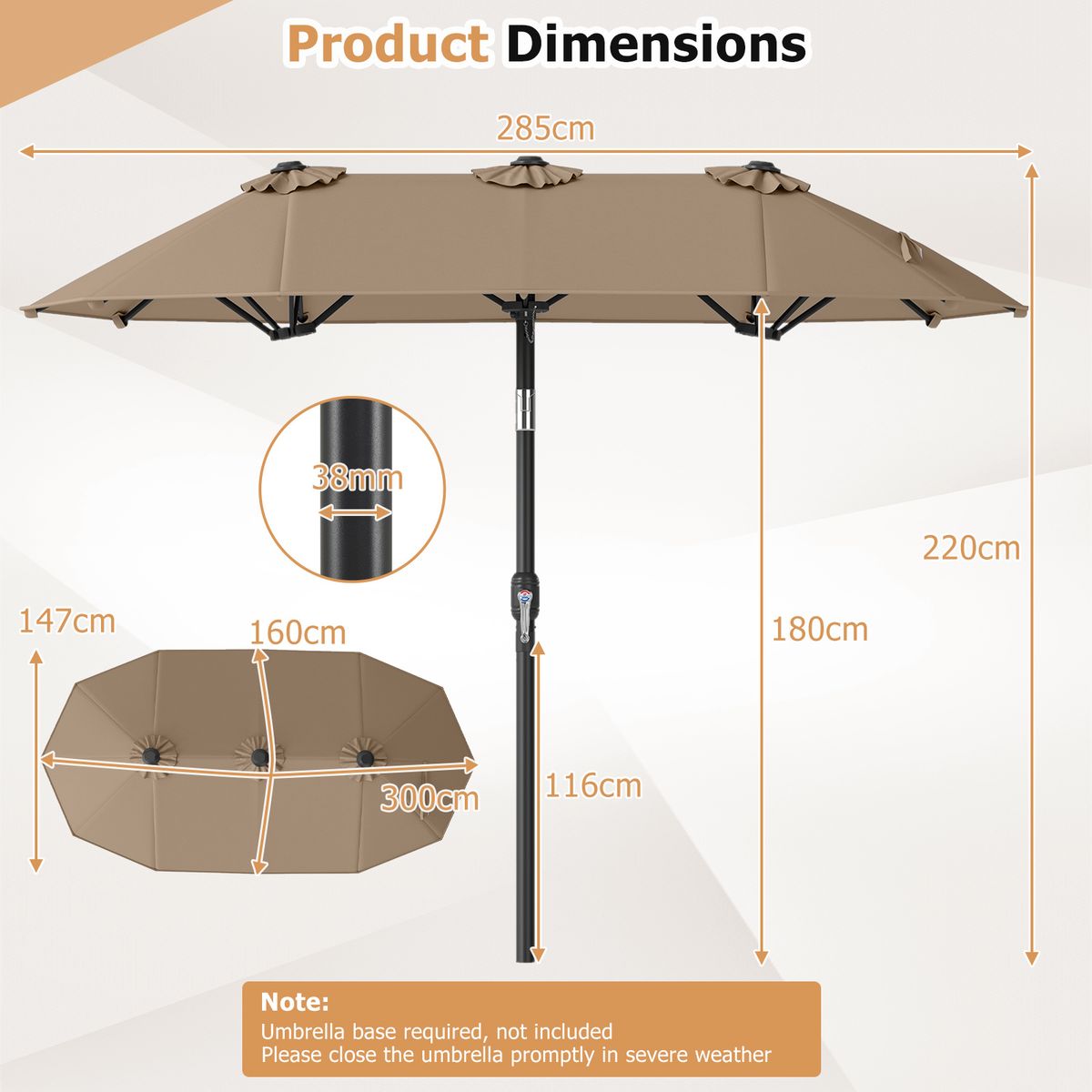 Coast Doppel-Sonnenschirm – rechteckig – mit Handkurbel und Neigungsfunktion – braun 300 x 160 cm