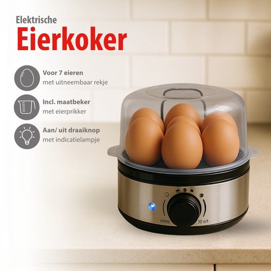 alpina Elektrischer Eierkocher 400 W – Eierkocher mit Timer für 7 Eier – Eierkocher mit Messbecher und Eieraufstecher – Aus Edelstahl mit abnehmbarem Eiergestell – Transparenter Deckel