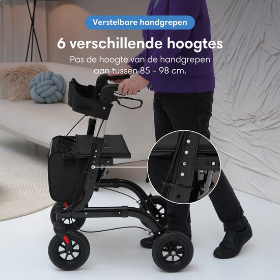 Safe Life Rollator – Zusammenklappbar – Leicht – Sitzfunktion – 61 x 70 x 85–99 cm – Gummiräder – Schwarz