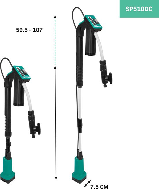 VONROC Regenfasspumpe 12V mit Akku - 50W - 1500 lt/h - mit Trockenlaufschutz - Universal-Gartenschlauchanschluss - inklusive Akku und Ladegerät