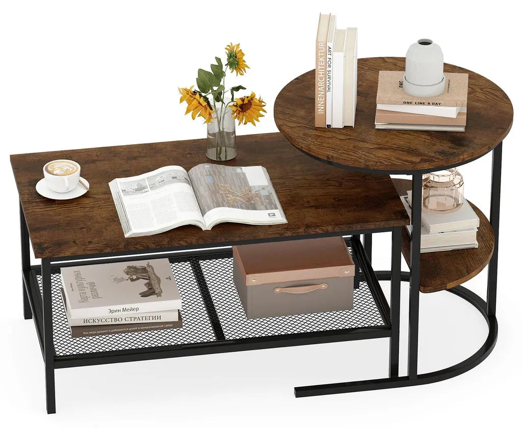 Coast Couchtisch 2er-Set - Ovaler und runder Beistelltisch mit Metallgestell - Braun