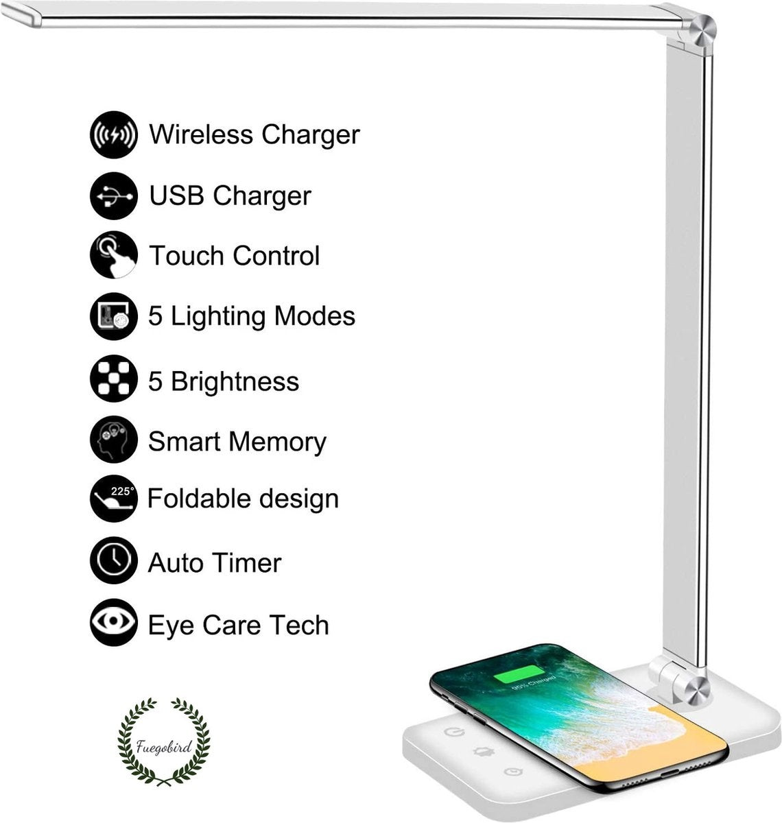 Fuegobird EK009 LED-Schreibtischlampe - kabelgebunden - kabelloses Laden für Telefon - dimmbar - klappbar - Smart Touch - Qi-Technologie - weiß