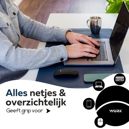 WURK Professionelle Schreibtischunterlage aus Kunstleder - Schreibtisch-Organizer - Schreibtischzubehör - Mauspad XXL- Inklusive Kabelclip - 80x40 - Blau