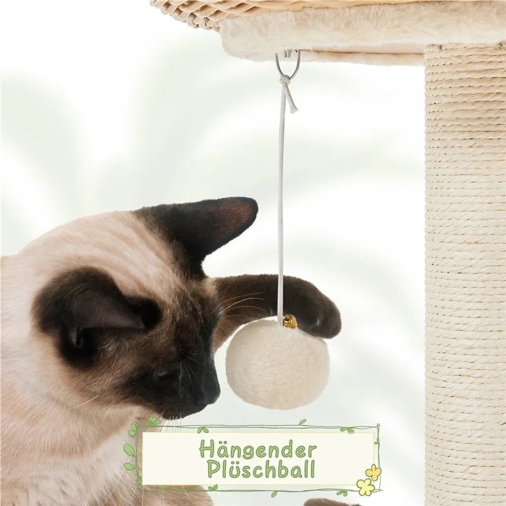 Yaheetech Kratzbaum 137,5 cm aus Rattan mit Katzenhaus, beige