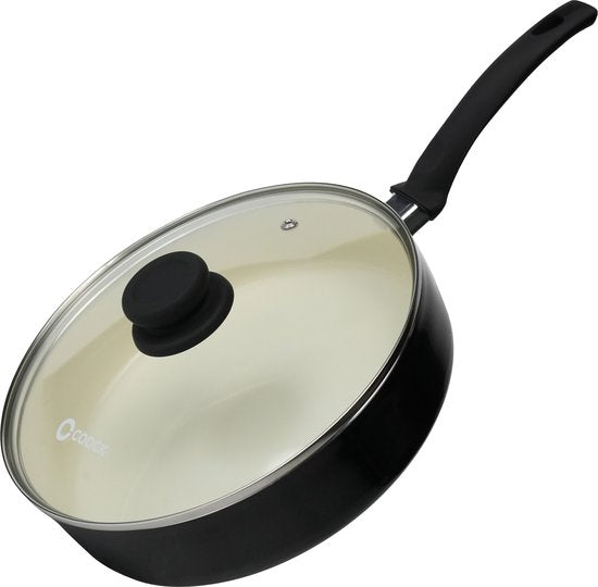 COOCK Kasserolle Induktion - 3100ml - Spezielle Antihaftbeschichtung - Ergonomische Kaltgriffe - Recyceltes Aluminium - Schwarz/Weiß - Inklusive E-Book