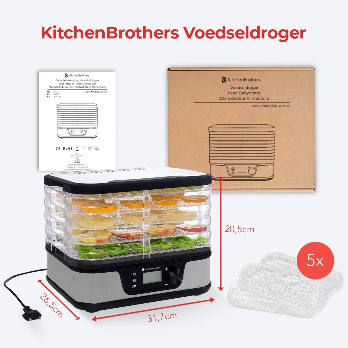 KitchenBrothers Dörrgerät - Elektrisch 380W - 5 Schichten - 9 Heizstufen - 35Â°C bis 75Â°C - LCD Display - Timer - Edelstahl/Schwarz