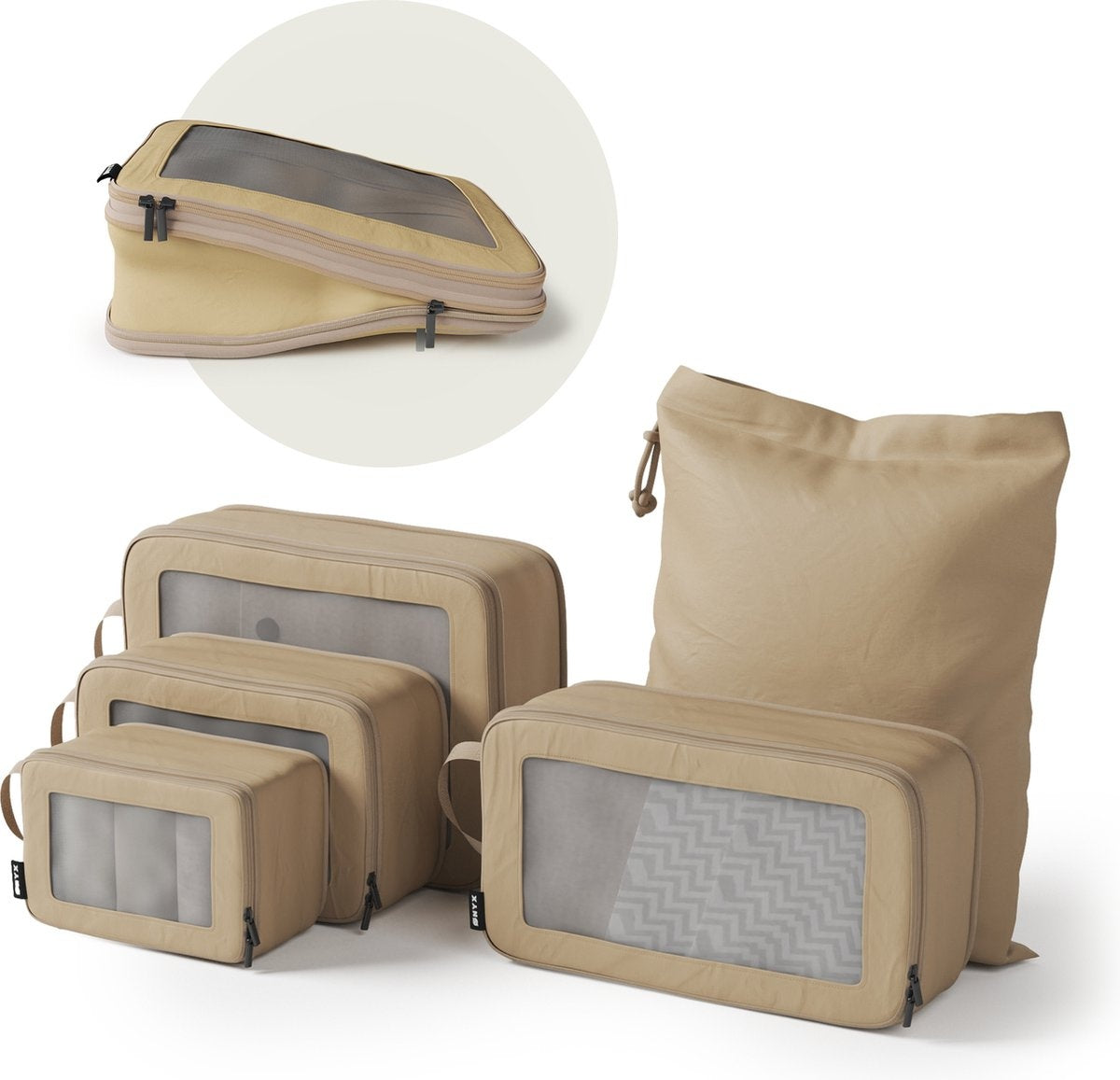 ONYXÂ¬Ã† Kompressionspackwürfel - 5 Stück - Gepäckorganizer mit Kompressionsreißverschluss - Für Koffer und Taschen - Beige