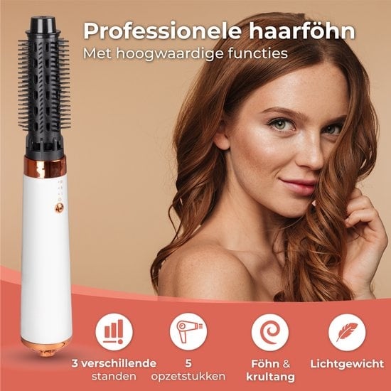 Nuvance - Haartrocknerbürste - mit 5 Aufsätzen - Lockenbürste - 600W - Weiß/Rosa