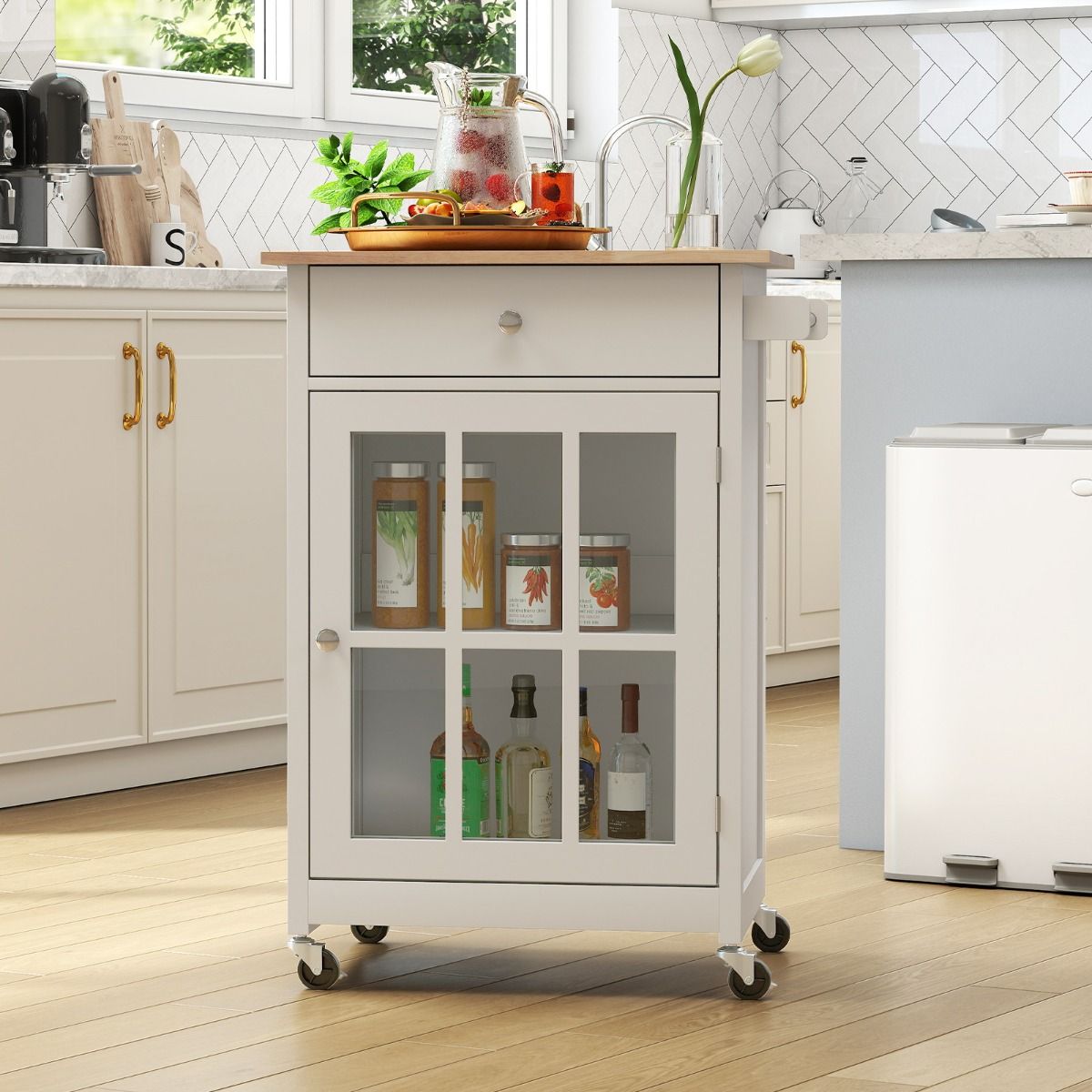 Coast Kücheninselwagen mit Holzplatte, Glastür und Schublade – 65 x 48,5 x 87,5 cm – Natur/Weiß