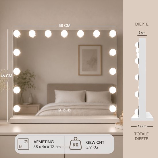 Lumirex Hollywood-Spiegel 58 x 46 cm – Make-up-Spiegel mit Beleuchtung – 15 LED-Lampen – dimmbar – 3 Lichtfarben – Smart Touch – Netzstrom – Visagie-Spiegel – Weiß