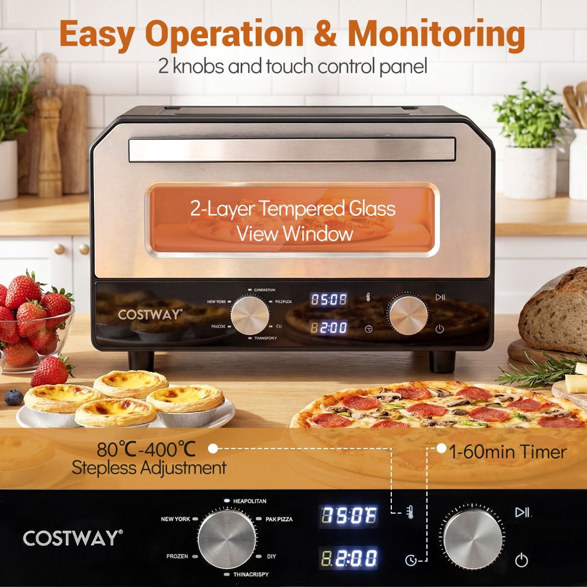 Coast Elektrischer Pizzaofen – Tischmodell mit 6 Voreinstellungen – Für Pizzen bis zu 30 cm – Schwarz